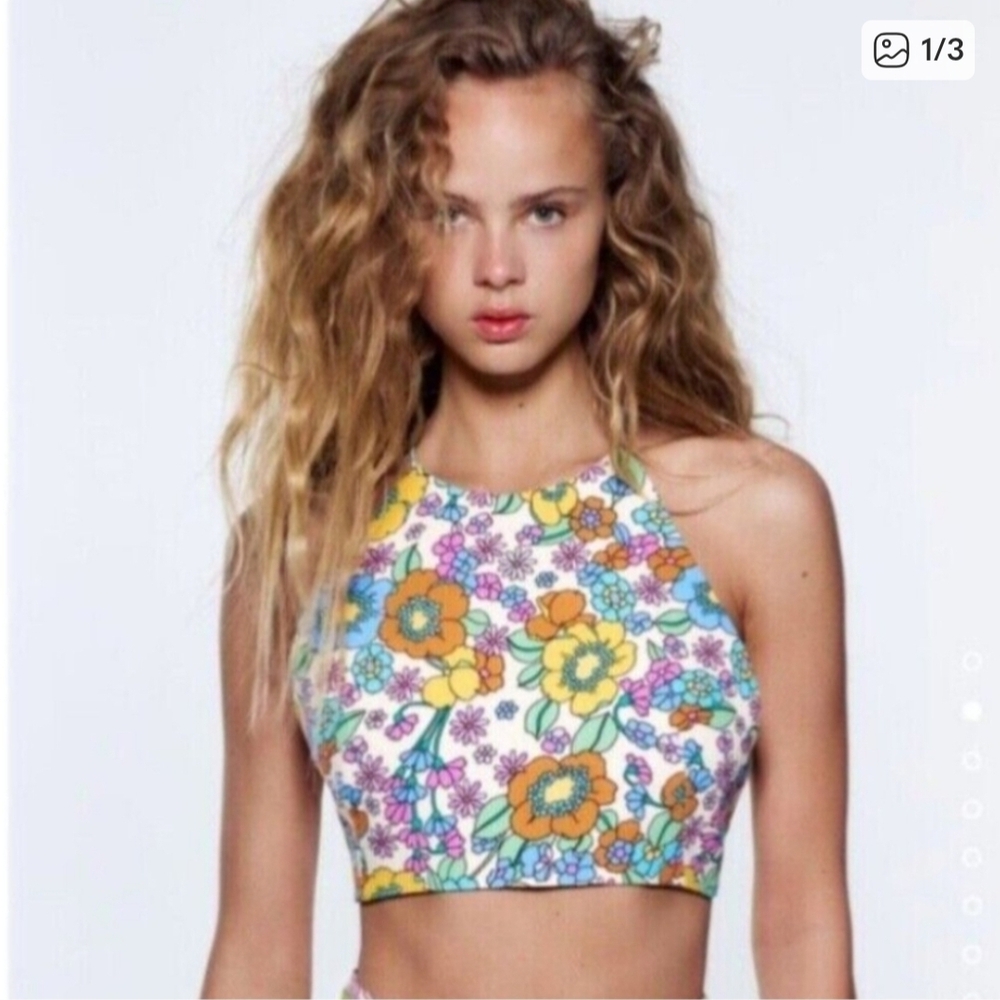 Retro Floral Print High Neck Cropped Tank From Zara Size Small